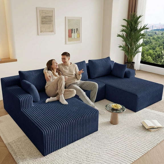 ODUWA 124" Modular U-Shape Cloud Sofa, Corduroy Boneless Sectional Couch with Deep Seat Chaise Longue, No Assembly Required