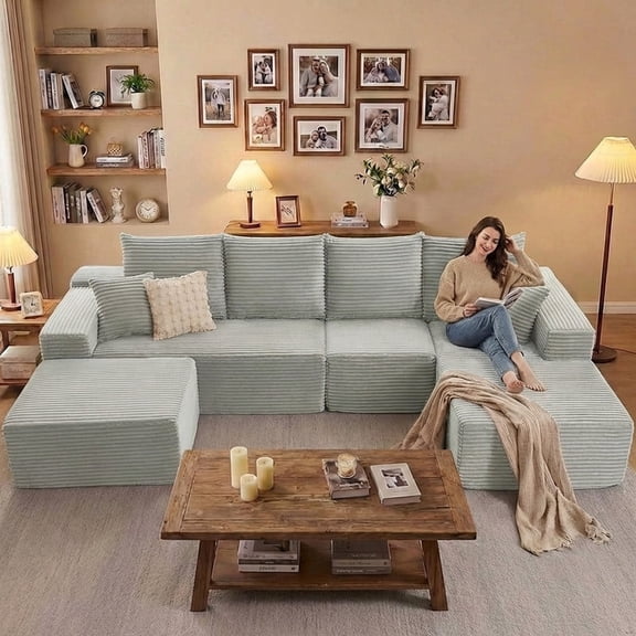 ODUWA 135" Sectional Sofa, Boneless Couch, U-Shaped Modular Couches with Chaise, No Assembly Cloud Sofa for Living Room & Bedroom,Gray