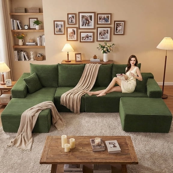 ODUWA 135" Sectional Sofa, Boneless Couch, U-Shaped Modular Couches with Chaise, No Assembly Cloud Sofa for Living Room & Bedroom,Green