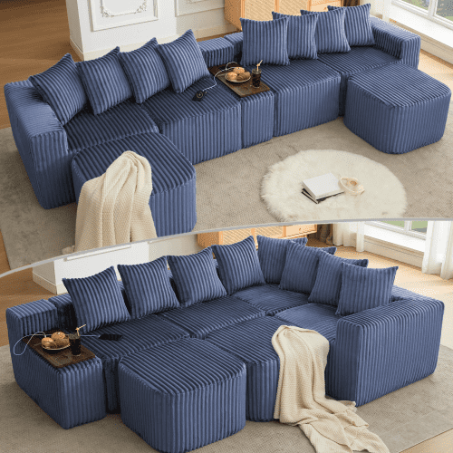 ODUWA 137.5" U-Shaped Modular Sofa with USB & Wireless Charging, Coffee Table Board, 6-Seat Corduroy Sectional, No Assembly