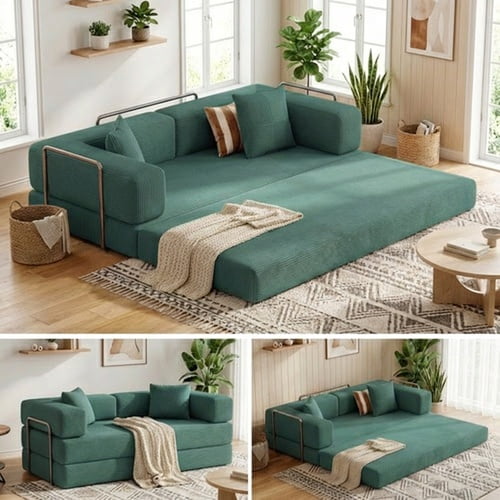 ODUWA 82”Convertible Sleeper Sofa Bed,Compressed Floor Boneless Couch,Modular Modern Corduroy Sofa for Living Room Bedroom,Easy Assembly(Green)