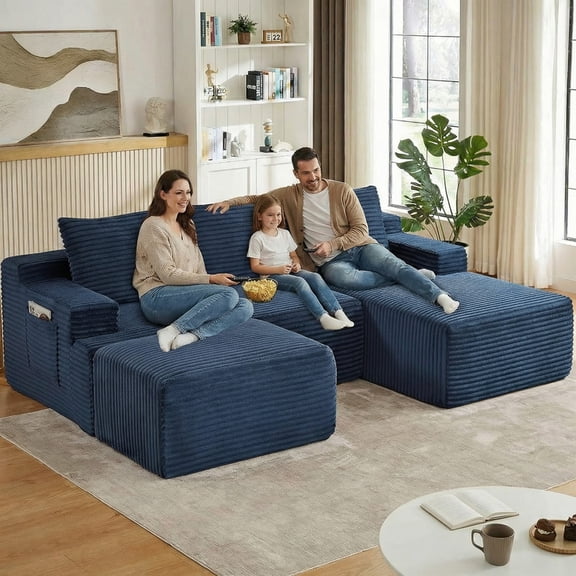 ODUWA 96" U-Shaped Modular Sectional Sofa with Ottoman,No Assembly Required,Deep Seat Corduroy Cloud Couch for Living Room & Bedroom,Blue
