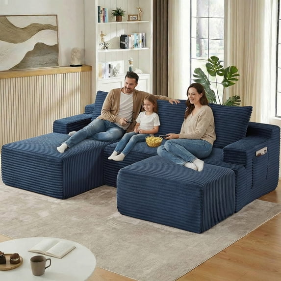 ODUWA 96" U-Shaped Modular Sectional Sofa with Ottoman,No Assembly Required,Deep Seat Corduroy Cloud Couch for Living Room & Bedroom,Blue
