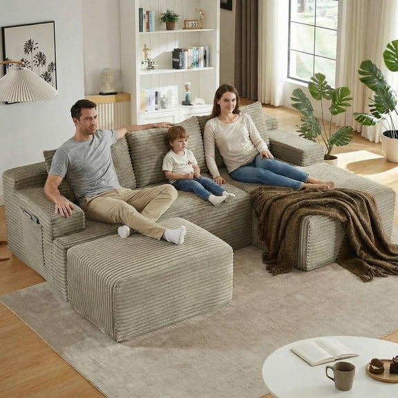 ODUWA 96" U-Shaped Modular Sectional Sofa with Ottoman,No Assembly Required,Deep Seat Corduroy Cloud Couch for Living Room & Bedroom,Camel