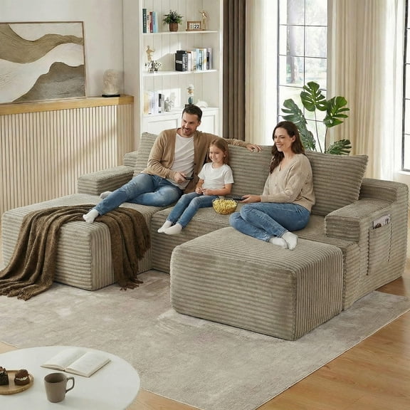 ODUWA 96" U-Shaped Modular Sectional Sofa with Ottoman,No Assembly Required,Deep Seat Corduroy Cloud Couch for Living Room & Bedroom,Camel