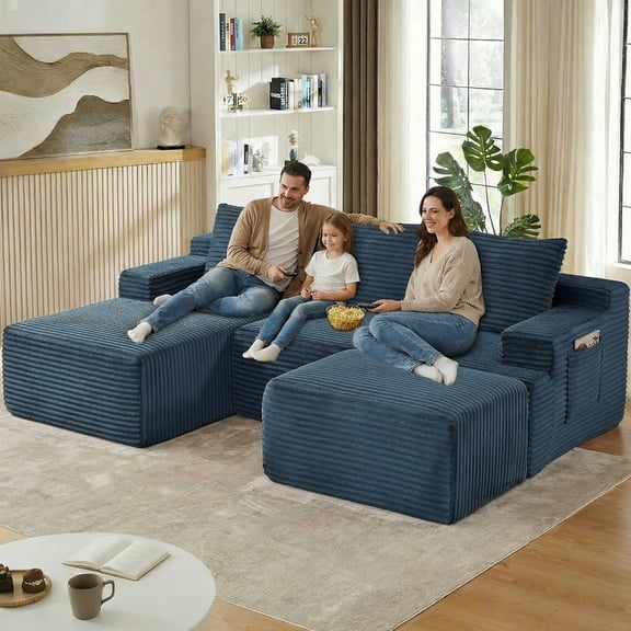 ODUWA 96" U-Shaped Modular Sectional Sofa with Ottoman,No Assembly Required,Deep Seat Corduroy Cloud Couch for Living Room & Bedroom,Dark Gray