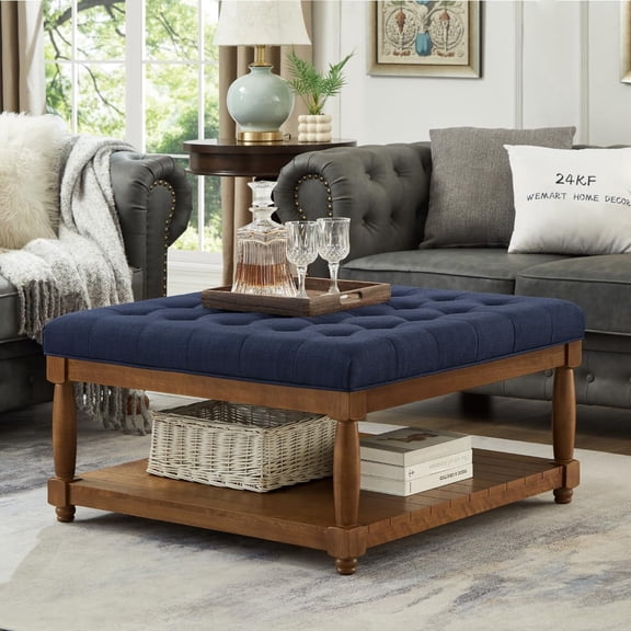 ODUWA Coffee Table Ottoman with Storage Shelf, Tufted Upholstered Footrest Stool, Solid Wood Base Accent Table for Living Room