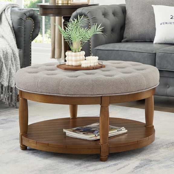 ODUWA Coffee Table Ottoman with Storage Shelf, Tufted Upholstered Footrest Stool, Solid Wood Base Accent Table for Living Room