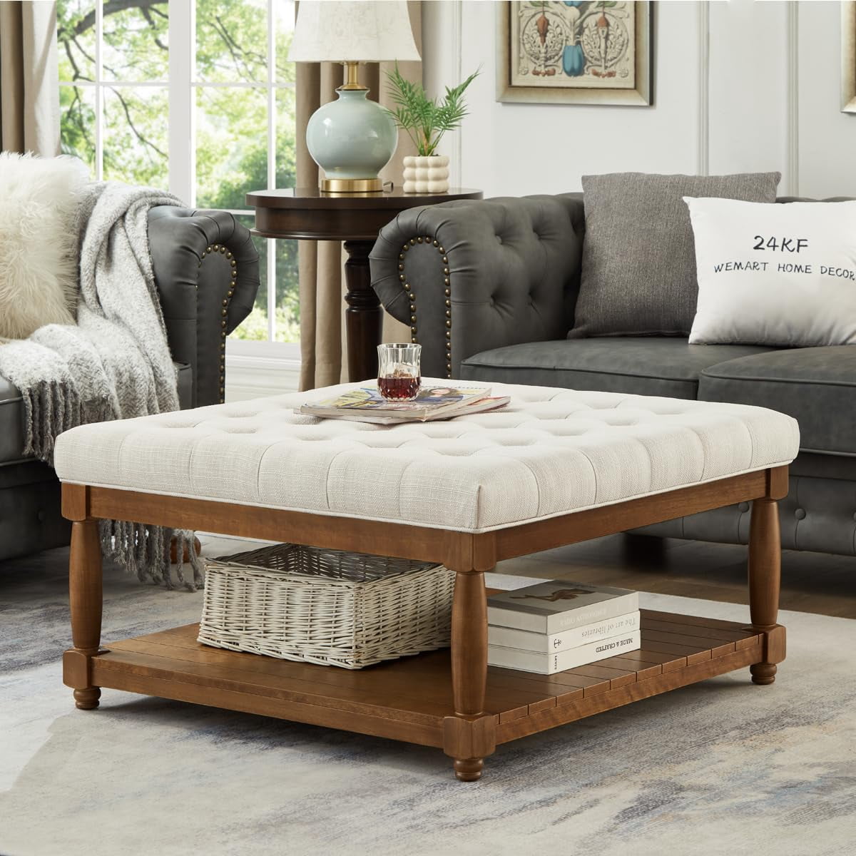 ODUWA Coffee Table Ottoman with Storage Shelf, Tufted Upholstered Footrest Stool, Solid Wood Base Accent Table for Living Room