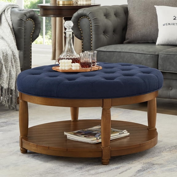 ODUWA Coffee Table Ottoman with Storage Shelf, Tufted Upholstered Footrest Stool, Solid Wood Base Accent Table for Living Room