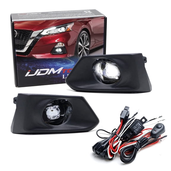 OE-Spec Projector LED Fog Light Kit For Nissan 2019-2022 Gen6 Altima, Includes 15W LED Fog Lamp Assemblies, Foglight Bezel Garnish & Relay Wiring On/Off Switch