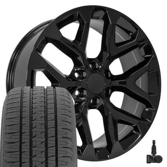 OE Wheels CV98B 22x9 Snowflake Wheels - Gloss Black 22 Inch Rims Set of 4, 6x139.7 Wheels - Optional TPMS & 285/45R22 Tires and Rims Packages - Fits GM Trucks & SUVs (Dueler H/L Alenza, TPMS)