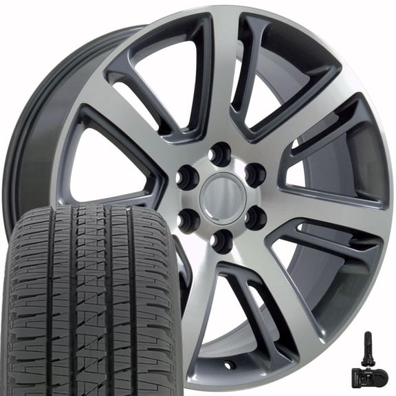 OE Wheels CA88 22 Inch Rims, Tires & TPMS Fit Escalade Style 6x139.7 22x9 Gloss Gunmetal Machined - Hollander 4738 - Bridgestone Dueler Alenza HL 285/45r22 (Set of 4)