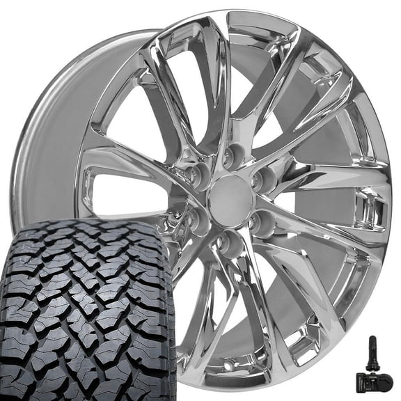 OE Wheels CA90 20 inch Rims, Tires & TPMS Fit Escalade Style 6x139.7 20x9 Chrome - Hollander 4875 - TBB TS-37 AT 275/55-20 (Set of 4)