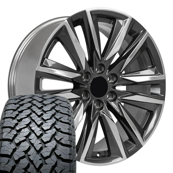OE Wheels CA91 22 Inch Rims and Tires Fit Escalade Sport Style 6x139.7 22x9 Gloss Gunmetal with Polished Face - Hollander 4869 - TS-37 AT 285/45-22 (Set of 4)