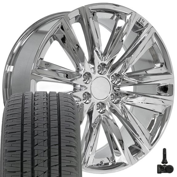 OE Wheels CA91 22 Inch Rims, Tires & TPMS Fit Escalade Sport Style 6x139.7 22x9 Chrome - Hollander 4869 - Bridgestone Dueler Alenza HL 285/45-22 (Set of 4)