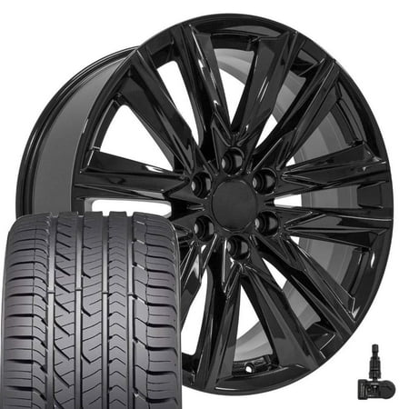 Set(4) OE Wheels CA91 22x9 Gloss Black Rims, Goodyear Sport Tires & TPMS