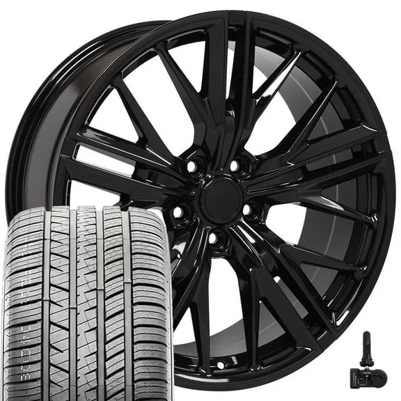 Set(4) OE Wheels CV25 Staggered Black Rims, UHP Tires & TPMS 5x120