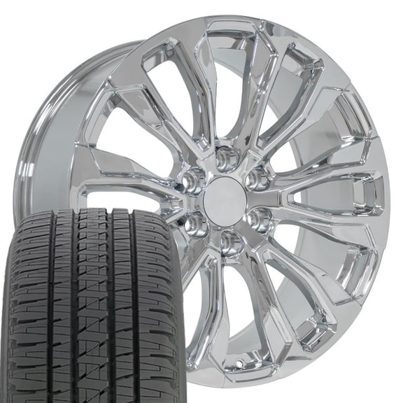 OE Wheels CV30 22 Inch Rims & Tires Fit Yukon Denali Style 6x139.7 22x9 Chrome - Hollander 14025 - Bridgestone Dueler Alenza HL 285/45-22 (Set of 4)