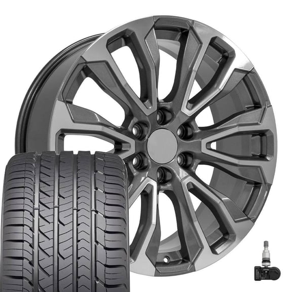 OE Wheels CV30 22 Inch Rims and Tires Fit Yukon Denali Style 6x139.7 22x9 Gloss Gunmetal Machined - Hollander 14025 - Eagle Sport AS 285/45-22 (Set of 4)