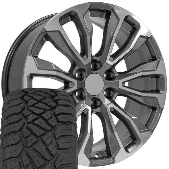 OE Wheels CV30 22 Inch Rims and Tires Fit Yukon Denali Style 6x139.7 22x9 Gloss Gunmetal Machined - Hollander 14025 - TerraMax RT 285/45-22 (Set of 4)