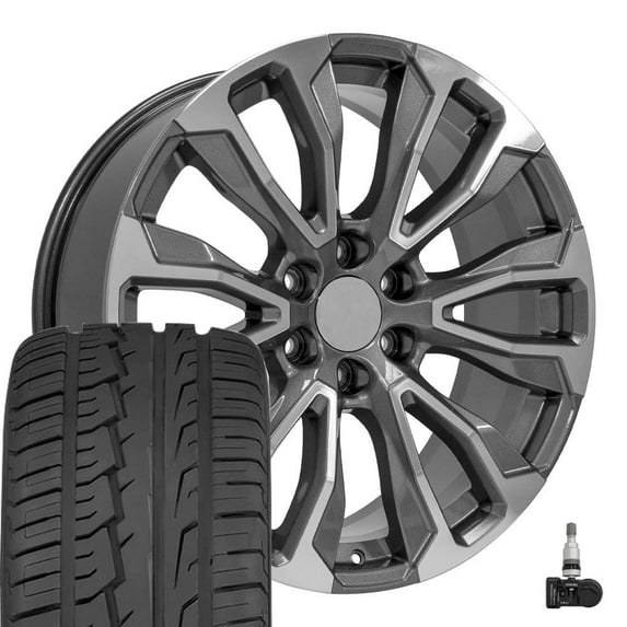 OE Wheels CV30 22 Inch Rims and Tires Fit Yukon Denali Style 6x139.7 22x9 Gloss Gunmetal Machined - Hollander 14025 - iMove Gen 2 SUV 285/45-22 (Set of 4)