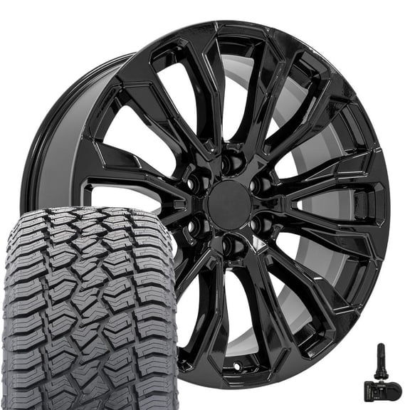 OE Wheels CV30 22 Inch Rims, Tires & TPMS Fit Yukon Denali Style 6x139.7 22x9 Gloss Black - Hollander 14025 - Sailun TerraMax AT2 285/45r22 (Set of 4)