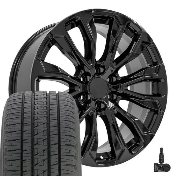 OE Wheels CV30 22 Inch Rims and Tires Fit Yukon Denali Style 6x139.7 22x9 Gloss Black - Hollander 14025 - Dueler H/L Alenza 285/45-22 (Set of 4)