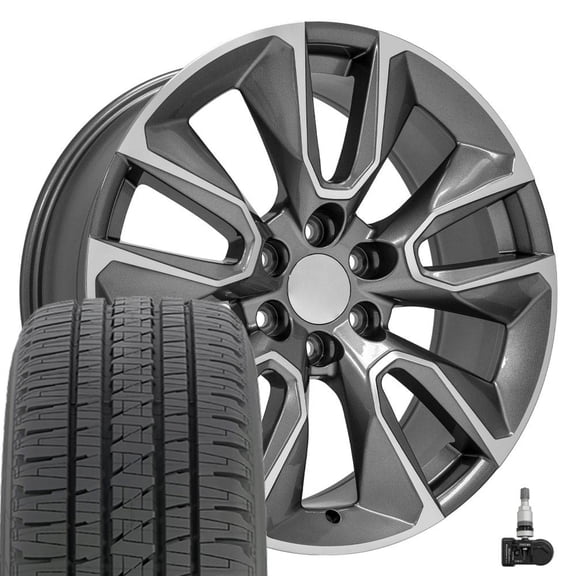 OE Wheels CV32 22 Inch Rims and Tires Fit Silverado 1500 Style 6x139.7 22x9 Gloss Gunmetal Machined - Hollander 5916 - Dueler H/L Alenza 285/45-22 (Set of 4)