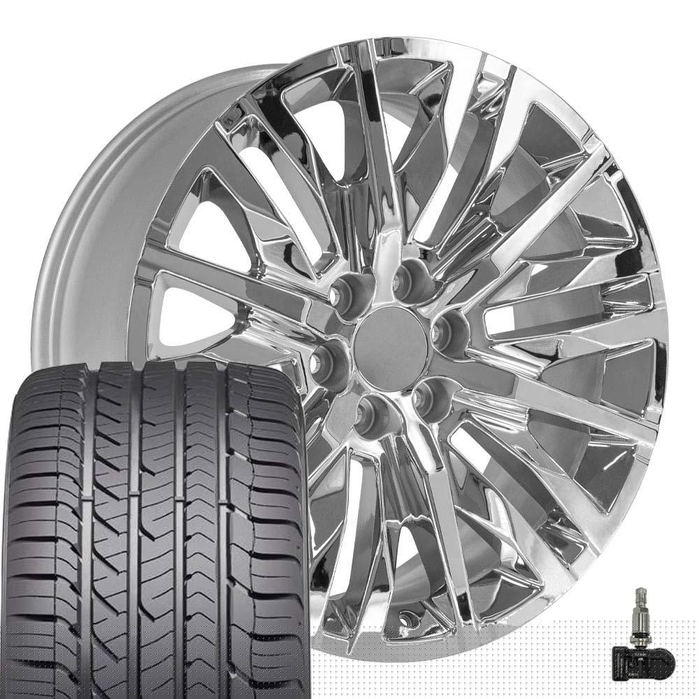 OE Wheels CV33 22 Inch Rims & Tires Fit Sierra 1500 Denali Style 6x139.7 22x9 Chrome - Hollander 5921 - Goodyear Eagle Sport 285/45-22 Set of 4