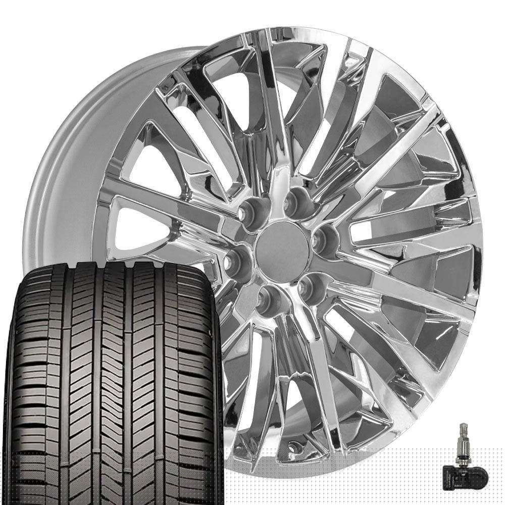 OE Wheels CV33 22 Inch Rims and Tires Fit Sierra 1500 Denali Style 6x139.7 22x9 Chrome - Hollander 5921 - Eagle Touring 285/45-22 (Set of 4)