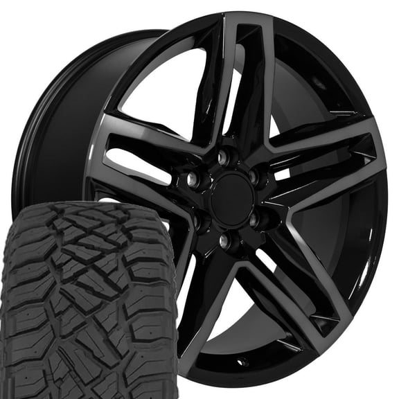 OE Wheels CV34 22 Inch Rims and Tires Fit Silverado 1500 Trail Boss Style 6x139.7 22x9 Gloss Black Machined with Tinted Clear - Hollander 5911 - TerraMax RT 285/45-22 (Set of 4)