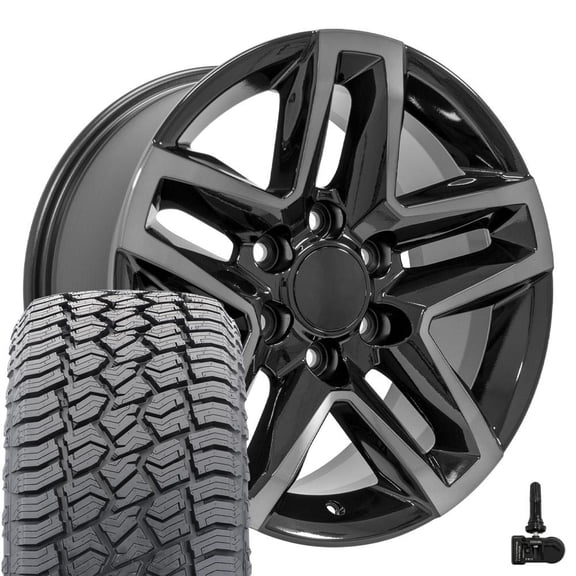 OE Wheels CV34B 18 Inch Rims, Tires & TPMS Fit Silverado 1500 Trail Boss Style 6x139.7 18x8.5 Gloss Black Machined with Tinted Clear - Hollander 5911 - Sailun TerraMax AT2 275/65r18 (Set of 4)