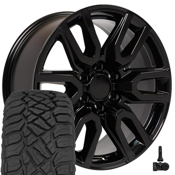 OE Wheels CV36 20x9 Gloss Black Rims 20 Inch Set of 4, 6x139.7 Wheels - Optional TPMS & 275/55R20 Tires and Rims Packages - Fits Sierra 1500 & Most Full Size SUVs (TerraMax RT, TPMS)