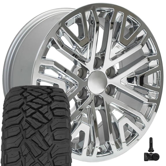 OE Wheels CV37 20 Inch Rims, Tires & TPMS Fit Sierra 1500 Style 6x139.7 20x9 Chrome - Hollander 5906 - Sailun TerraMax RT 275/55-20 (Set of 4)
