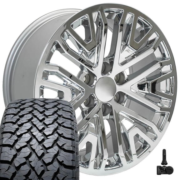 OE Wheels CV37 20 inch Rims, Tires & TPMS Fit Sierra 1500 Style 6x139.7 20x9 Chrome - Hollander 5906 - TBB TS-37 AT 275/55-20 (Set of 4)