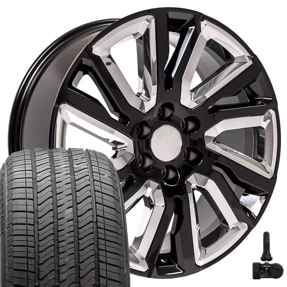 OE Wheels CV39 22 Inch Rims and Tires & TPMS Fit Sierra 1500 Style 6x139.7 22x9 Gloss Black with Chrome Insert - Hollander 5901 - Alenza A/S 02 275/50-22 (Set of 4)
