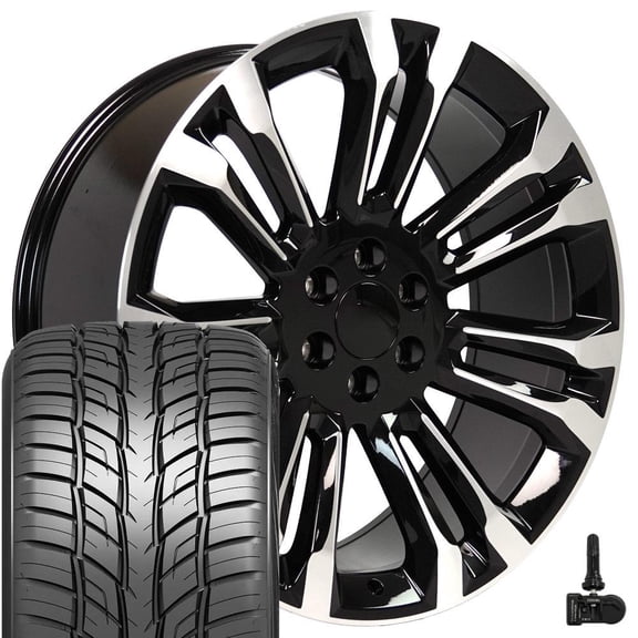 OE Wheels CV43B 24 Inch Rims, Tires & TPMS Fit Silverado 1500 Style 6x139.7 24x10 Gloss Black Machined - Hollander 5666 - Sailun Atrezzo SVR LX+ 295/35r24 (Set of 4)