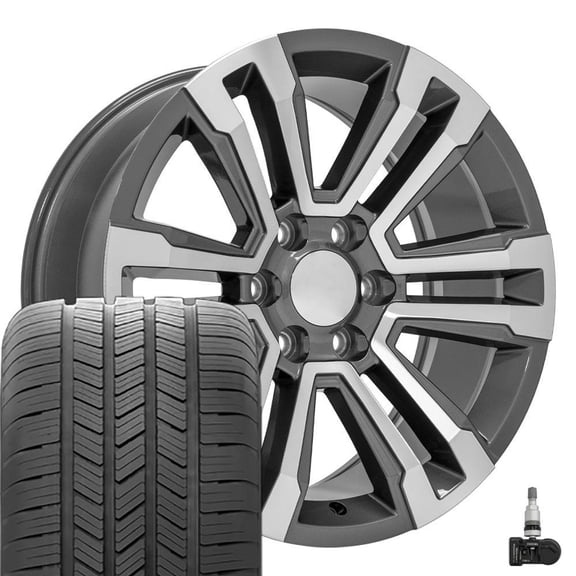 OE Wheels CV44 20 Inch Rims and Tires Fit Yukon Denali Style 6x139.7 20x9 Gloss Gunmetal Machined - Hollander 5822 - Eagle LS-2 275/55-20 (Set of 4)