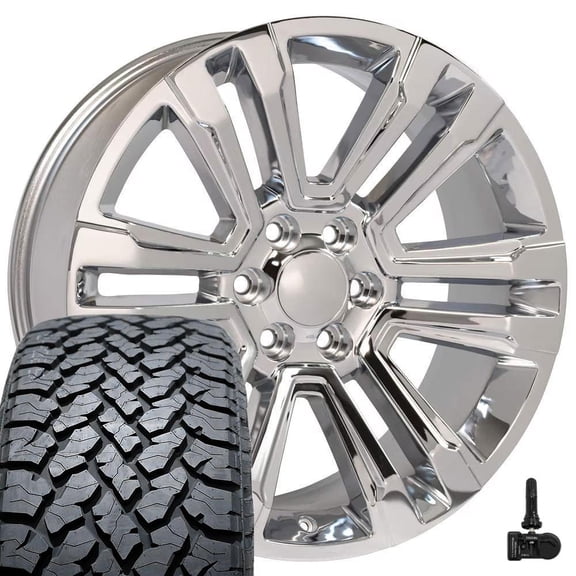 OE Wheels CV44 22 Inch Rims, Tires & TPMS Fit Yukon Denali Style 6x139.7 22x9 Chrome - Hollander 5822 - TBB TS-37 AT 285/45-22 (Set of 4)
