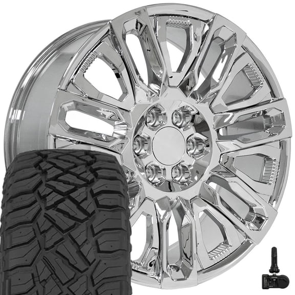 OE Wheels CV57 22 Inch Rims, Tires & TPMS Fit Sierra 1500 Style 6x139.7 22x9 Chrome with Chrome Insert - Hollander 14133 - Sailun TerraMax RT 285/45-22 (Set of 4)