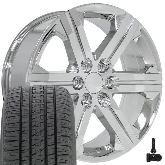 OE Wheels CV60 22 Inch Rims, Tires & TPMS Fit Silverado Style 6x139.7 22x9 Chrome - Hollander 5667 - Bridgestone Dueler Alenza HL 285/45-22 (Set of 4)
