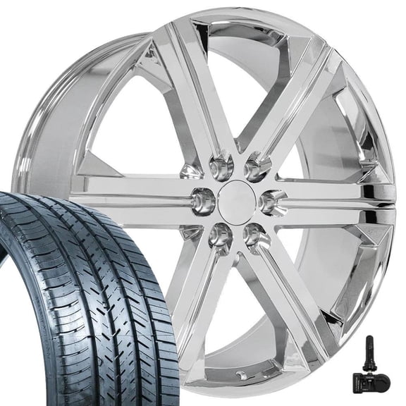 OE Wheels CV60 26 Inch Rims, Tires & TPMS Fit Silverado Style 6x139.7 26x10 Chrome - Hollander 5667 - Atlas Force UHP 295/30-26 (Set of 4)