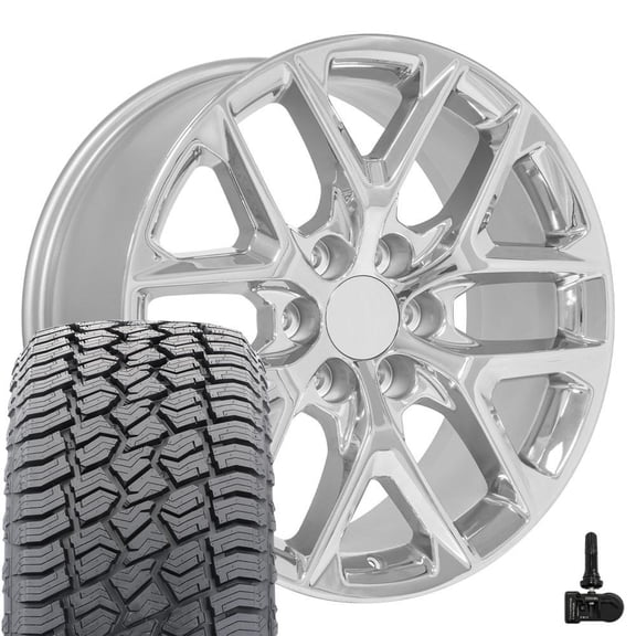 OE Wheels CV62 20 Inch Rims, Tires & TPMS Fit Silverado 1500 Style 6x139.7 20x9 Chrome - Hollander 14078 - Sailun TerraMax AT2 275/55r20 (Set of 4)