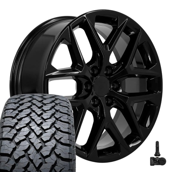 OE Wheels CV62 22 Inch Rims and Tires Fit Silverado 1500 Style 6x139.7 22x9 Gloss Black - Hollander 14078 - TS-37 AT 285/45-22 (Set of 4)