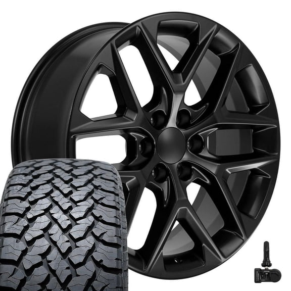 OE Wheels CV62 22 Inch Rims and Tires Fit Silverado 1500 Style 6x139.7 22x9 Satin Black - Hollander 14078 - TS-37 AT 285/45-22 (Set of 4)