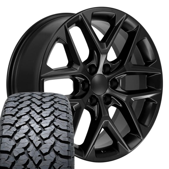 OE Wheels CV62 22 Inch Rims and Tires Fit Silverado 1500 Style 6x139.7 22x9 Satin Black - Hollander 14078 - TS-37 AT 285/45-22 (Set of 4)