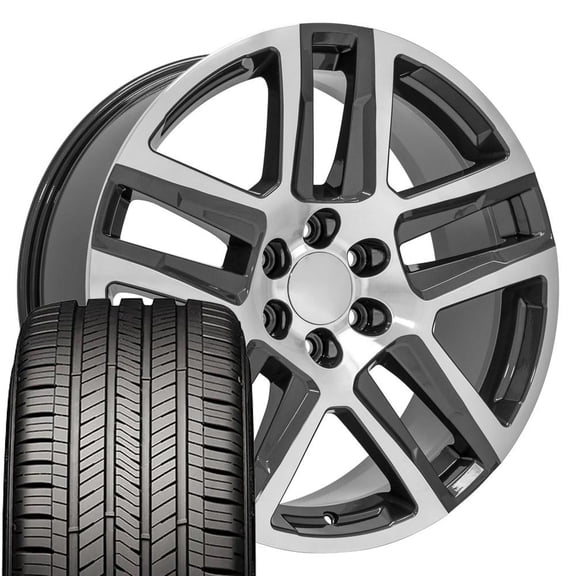 OE Wheels CV63 22 Inch Rims and Tires Fit Silverado 1500 Z71 Style 6x139.7 22x9 Gloss Gunmetal Machined - Hollander 5913 - Eagle Touring 285/45r22 (Set of 4)