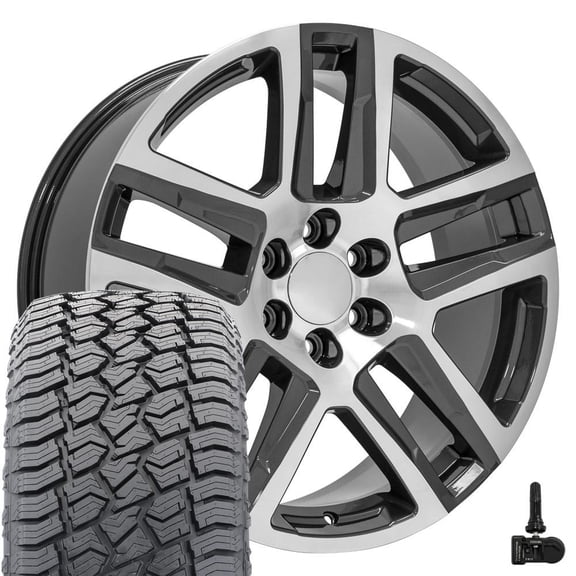 OE Wheels CV63 22 Inch Rims and Tires Fit Silverado 1500 Z71 Style 6x139.7 22x9 Gloss Gunmetal Machined - Hollander 5913 - TerraMax AT2 285/45r22 (Set of 4)