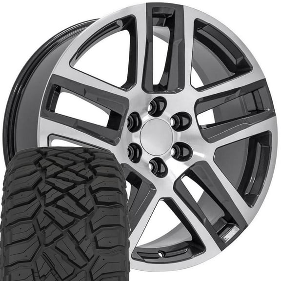 OE Wheels CV63 22 Inch Rims and Tires Fit Silverado 1500 Z71 Style 6x139.7 22x9 Gloss Gunmetal Machined - Hollander 5913 - TerraMax RT 285/45-22 (Set of 4)